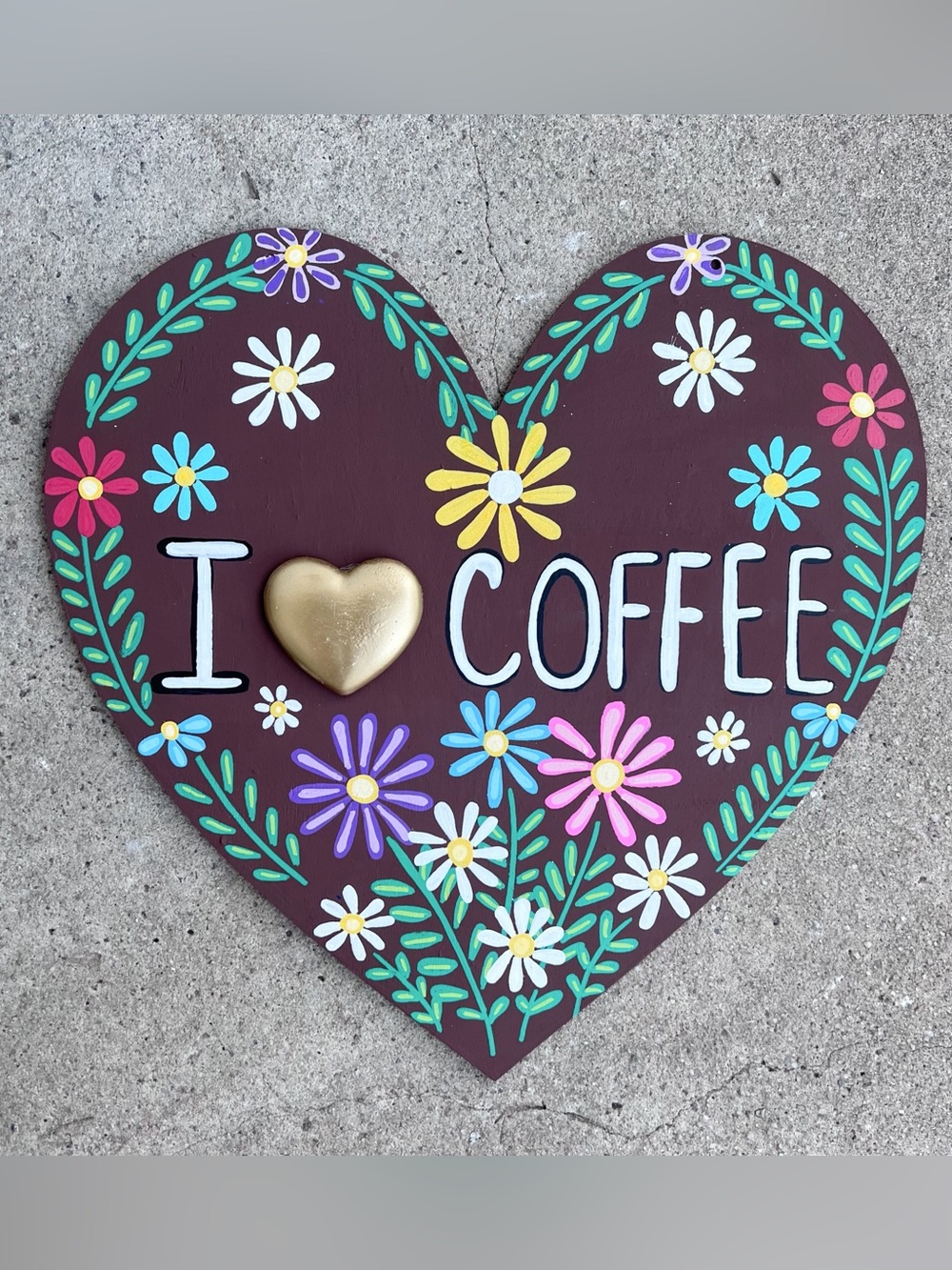 Handmade 'I ♥ Coffee' Heart Wall Art - Brown with Floral Accents